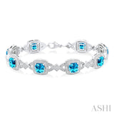 1/10 ctw Cushion Cut 7X7MM Blue Topaz and Round Cut Diamond Semi Precious Bracelet in Sterling Silver