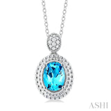 1/20 ctw Oval Cut 8X6MM Blue Topaz and Round Cut Diamond Semi Precious Pendant With Chain in Sterling Silver