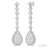 1 Ctw Pear Shape Dangler Round Cut Diamond Lovebright Earrings in 14K White Gold