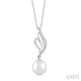 1/10 ctw Conch Shape 7X7MM Round Cultured Pearl and Round Cut Diamond Fashion Pendant With Chain in 10K White Gold